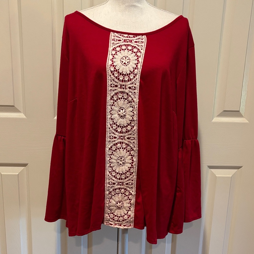 Women's Red Crochet-Trim Long Sleeve Top